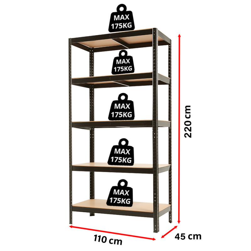 Metāla plaukts – stelāža, 220x110x45 cm, 175 kg, melns