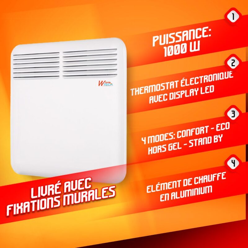 Sienas konvektori 1000 W ar elektrisko termostatu