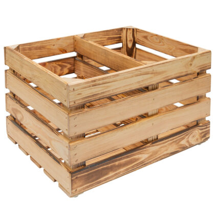 Koka kaste ar starpsienu un riteņiem, 50 x 40 x 30 cm, apdedzināta koksne